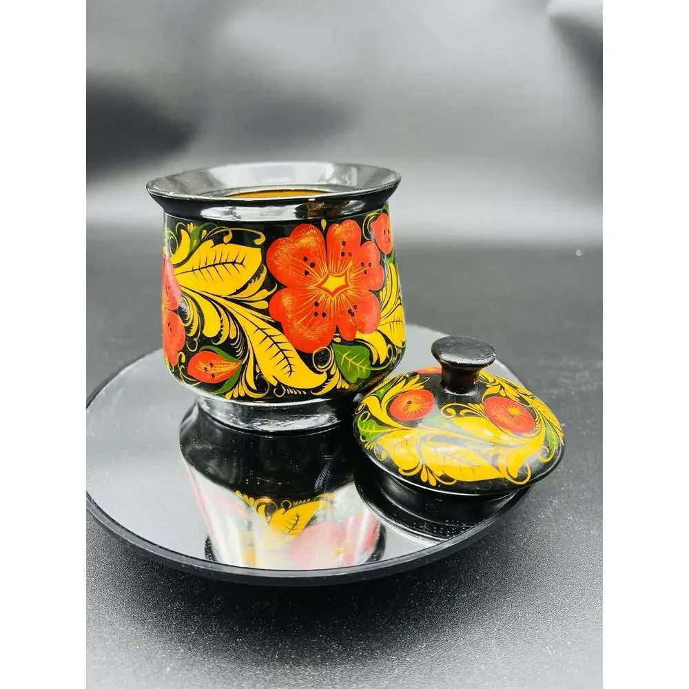 Russian USSR Lacquer Khokhloma Lidded Jar Canister 4